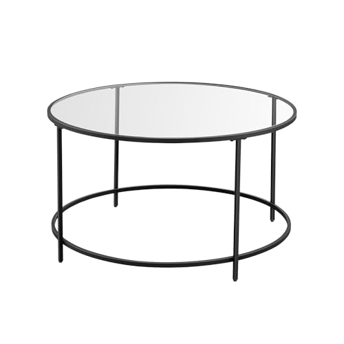 VASAGLE Beistelltisch rund, Couchtisch, Glastisch mit Metallgestell, Hartglas, Nachttisch, Sofatisch, für Balkon, schwarz LGT021B01