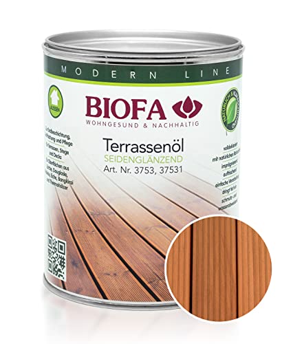 BIOFA Terrassenöl farbig 37531 Pflegeöl für Holzterrassen und Terrassen-Dielen aus Holz – Öl aus natürlichen Rohstoffen - Außenbereich (1L, Teak)