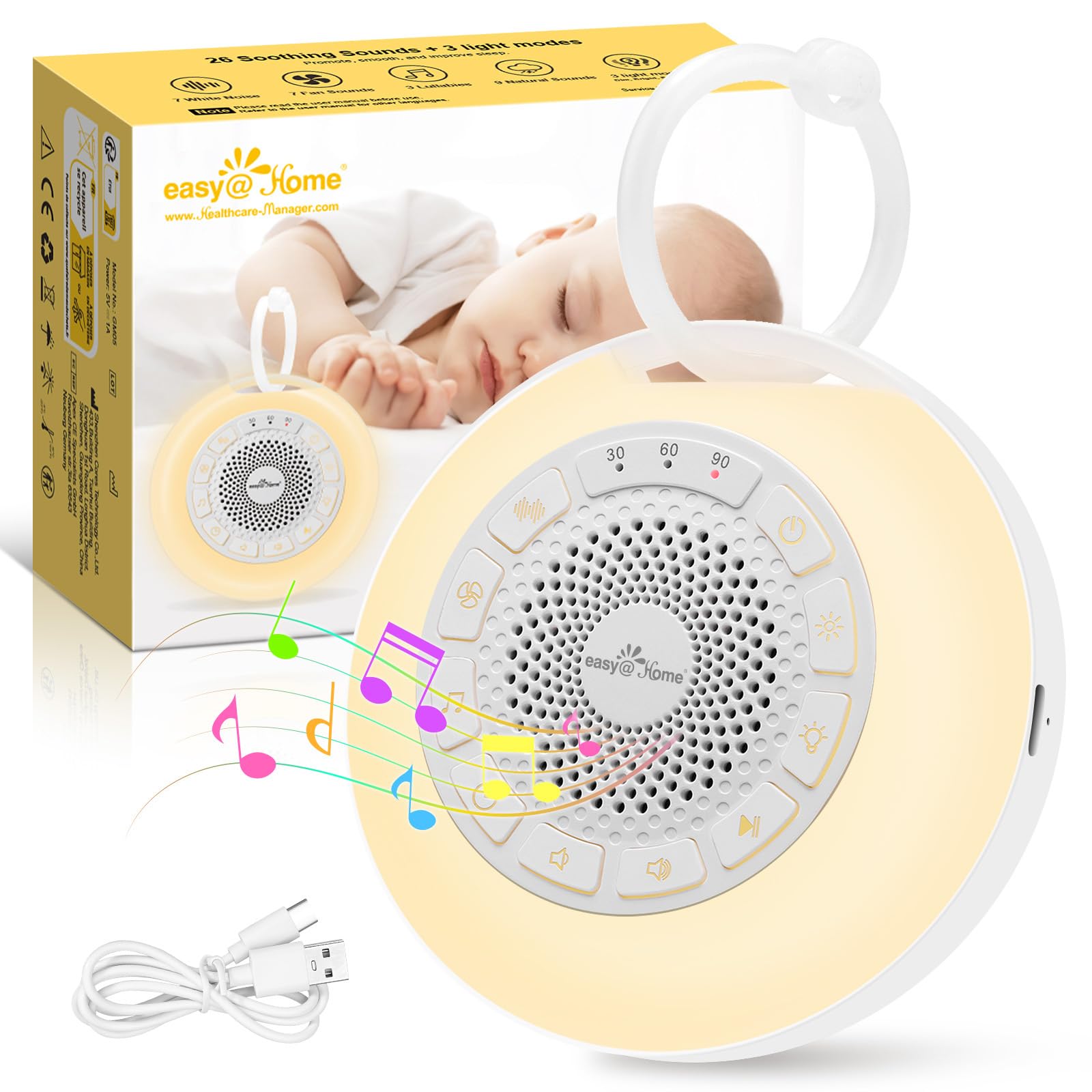 Easy@Home White Noise Machine: Tragbare Einschlafhilfe Babys mit weißem Rauschen | Nachtlicht | 26 Beruhigende Schlaflieder & Naturgeräusche | 3 Timer-Einstellungen | 7 Bunte Beleuchtung & USB