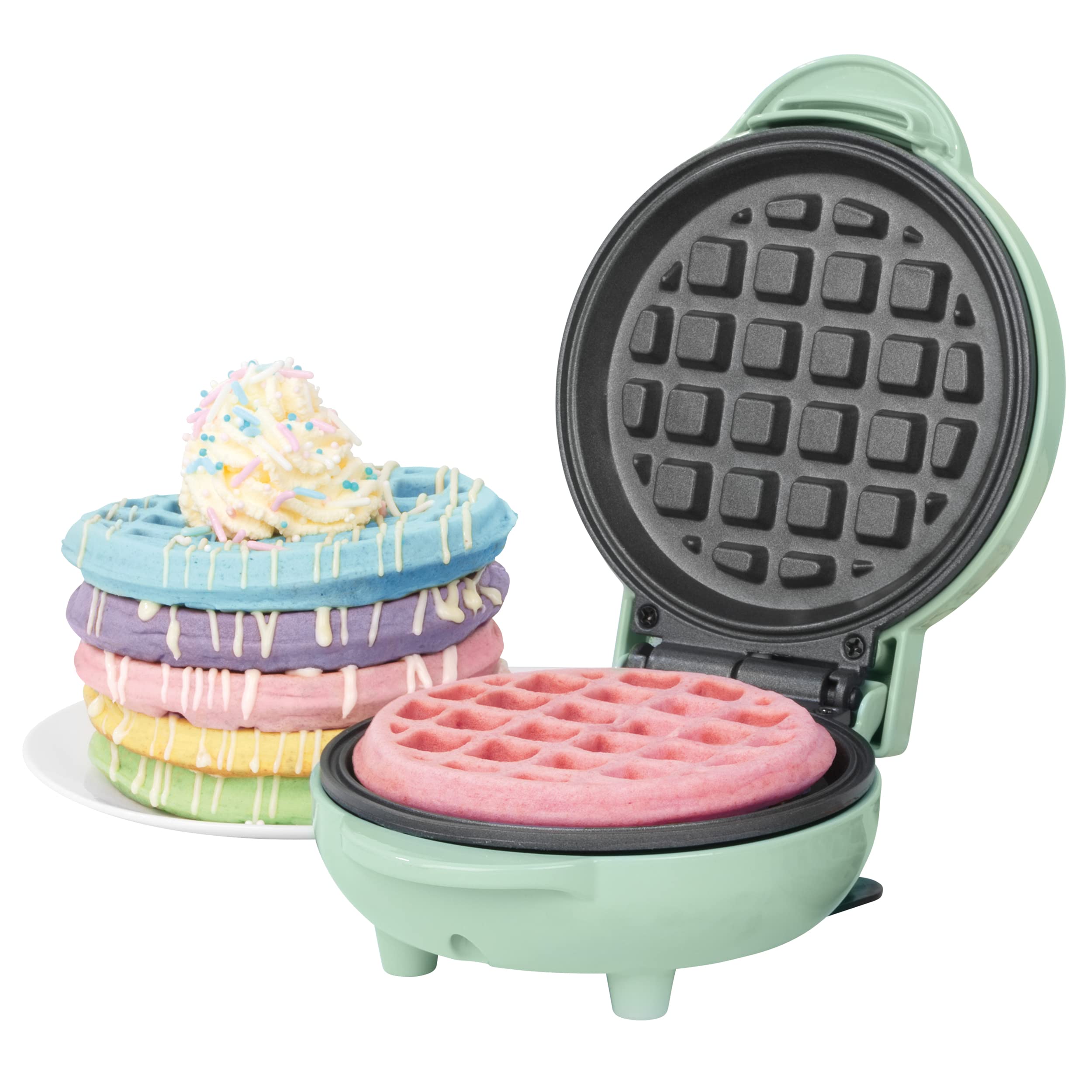 Petra PT4214GRNVDEEU7 Antihaft Mini Waffeleisen - Klein Klassische Süße/Herzhaft Waffel ca. 11.5cm, 550W, Kompakte belgische Waffelmaschine, Kindergeburtstage, Familienfeiern, Grun Retro-Design