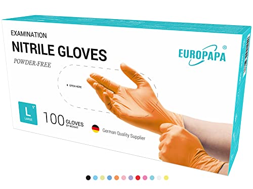 EUROPAPA® 500x Einweghandschuhe Nitrilhandschuhe puderfrei Untersuchungshandschuhe EN455 EN374 latexfrei Einmalhandschuhe Handschuhe in Gr. S, M, L & XL verfügbar (Orange, L)
