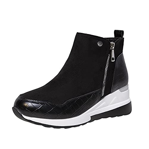 SEEGOU Mode Damen Lässige Schuhe Colorblock Kurze Stiefel mit Dicken Sohlen Veloursleder Runde Zehen Plateau Boots Outdoor Rutschfest Sportschuhe Keilabsatz Seite Zipper Freizeitschuhe