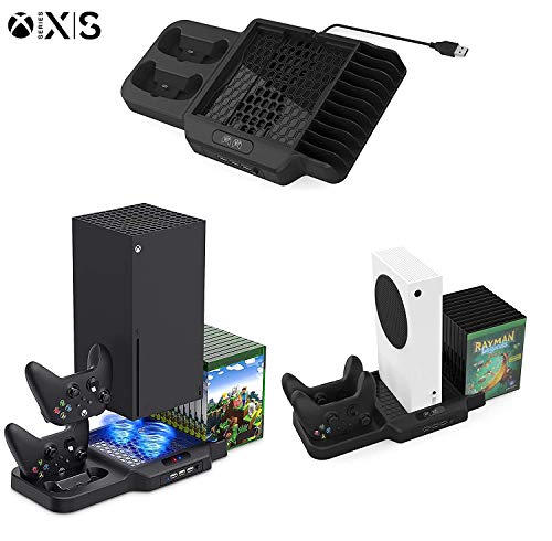 Xbox Series X/S Ladeständer mit Lüfter, Dual Wireless Controller Ladestation mit 11pcs Spielspeicher, LED-Anzeigen, 3 USB-Hubs kompatibel mit Xbox Series X/S Halterung