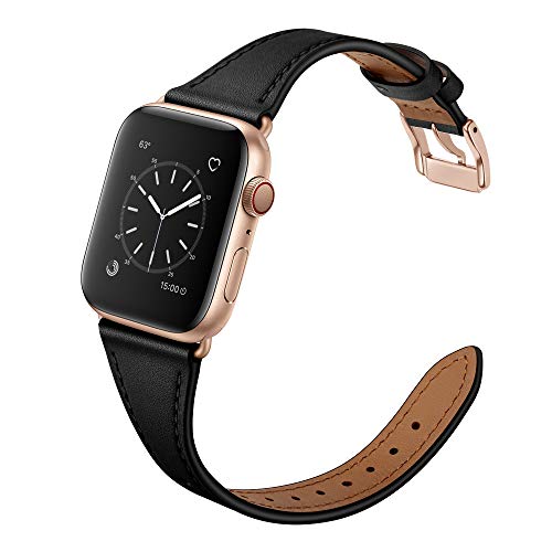 Arktis Lederarmband für Frauen kompatibel mit Apple Watch (Series 1, Series 2, Series 3 mit 38 mm (Series 4, Series 5 mit 40 mm) dünnes Ersatzband [echtes Leder] mit Edelstahlschließe - Schwarz
