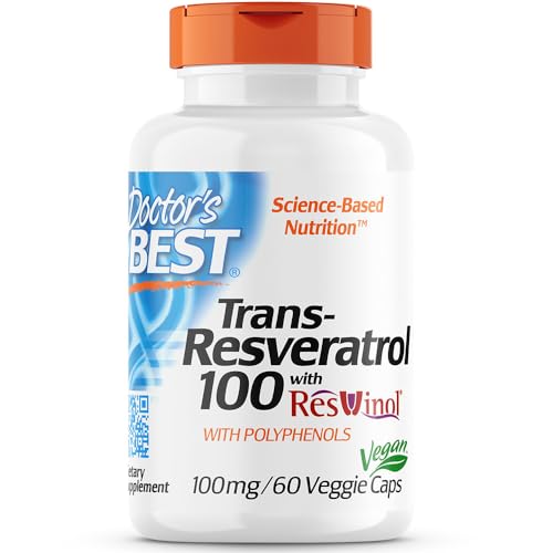 Doctor's Best Trans-Resveratrol 100 mit ResVinol, 100mg, 60 vegane Kapseln, Laborgeprüft, Glutenfrei, Sojafrei, Vegetarisch