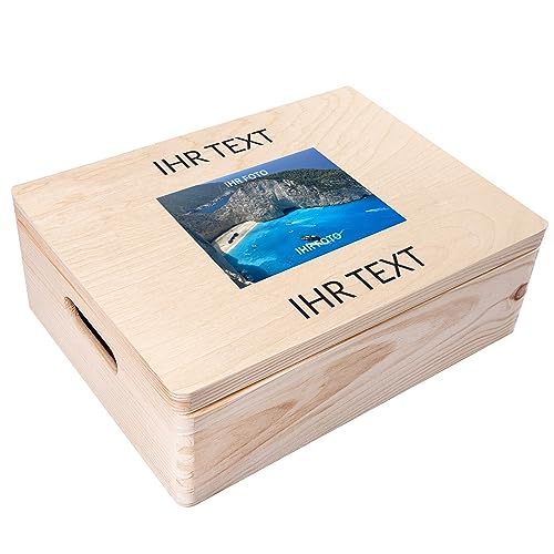 Creative Deco Personalisiert Holzkiste Wunschtext + Foto Geschenkkiste Geschenkbox | 40 x 30 x 14 cm (+/-1cm) | Erinnerungsbox | Geschenk Holzbox mit Deckel Gravur | mit Griffen