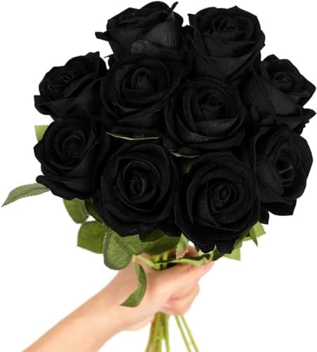 KLUFO Künstliche Schwarze Rosen Falsche Samt Seidenrosen mit Stielen Blumengeschenke Hochzeitsdekoration Party Heimdekoration