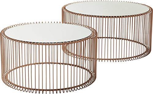 KARE Design Couchtisch Wire Copper 2er Set, runder, moderner Glastisch, großer Beistelltisch, Kaffeetisch, Nachttisch, Kupfer (H/B/T) 30,5xØ60cm & 33,5xØ69,5cm