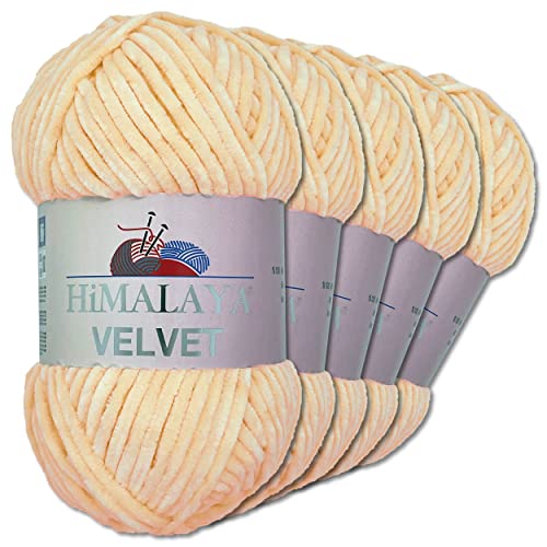 Wohnkult Himalaya 5 x 100 g Velvet Dolphin Wolle 40 Farben zur Auswahl Chenille Strickgarn Glanz Flauschgarn Accessoire Kleidung (90033 | Apricot)