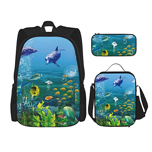 PRAHUCE Federmäppchen-Set mit 3 farbigen Unterwasserwelt-Motiven für Jungen und Mädchen, mit Lunchbox und Federmäppchen