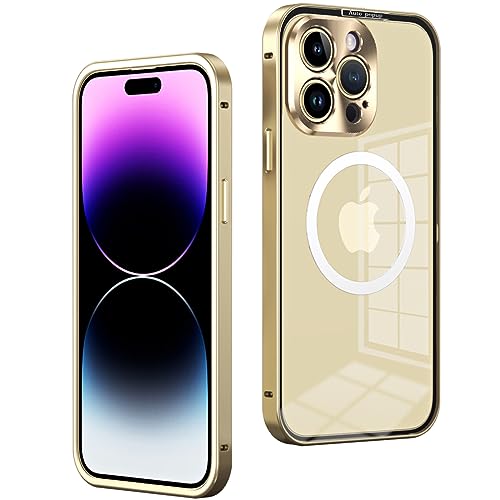 LOXO CASE Hülle für iPhone 12/12 Pro/12 Pro Max, Kompatibel mit MagSafe, Metall-Aluminium-Legierung, Stoßstange, Transparente Rückseite mit Kamera-Objektivschutz,Gold,12