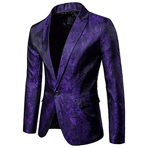 Herren Paisley Jacquard Sakkos Blazer Slim Fit Gold Pailletten Anzugjacke Party Smoking Performance Kostüm Mantel Violett M
