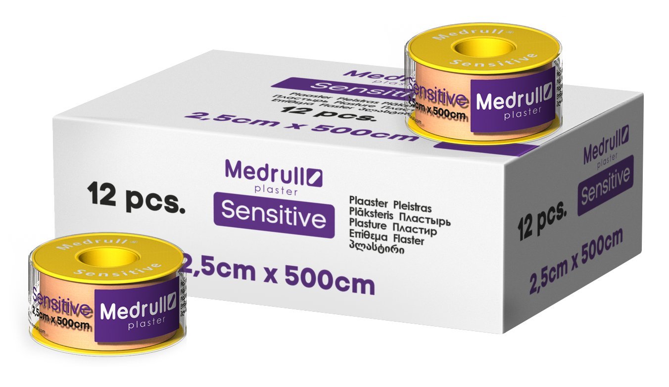 Medrull Fixierpflaster SENSITIVE - 5 m x 2,5 cm Pflaster hypoallergenes Tapeband zur hautfreundlichen Fixierung von Wundverbänden 12 Rollen