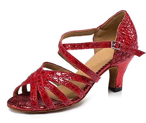 URVIP Neuheiten Frauen's PU Leder Heels Absatzschuhe Moderne Latein-Schuhe mit Knöchelriemen Tanzschuhe LD0100 Rot 40 EU