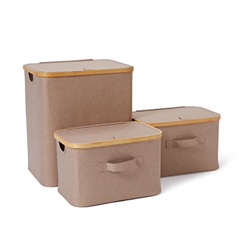 Lumaland faltbare Bambus-Rahmen-Aufbewahrungsbox 3er Set mit Deckel Boxen in den Maßen zweimal 38 x 26 x 23 cm und 40,5 x 33 x 45 cm, Taupe