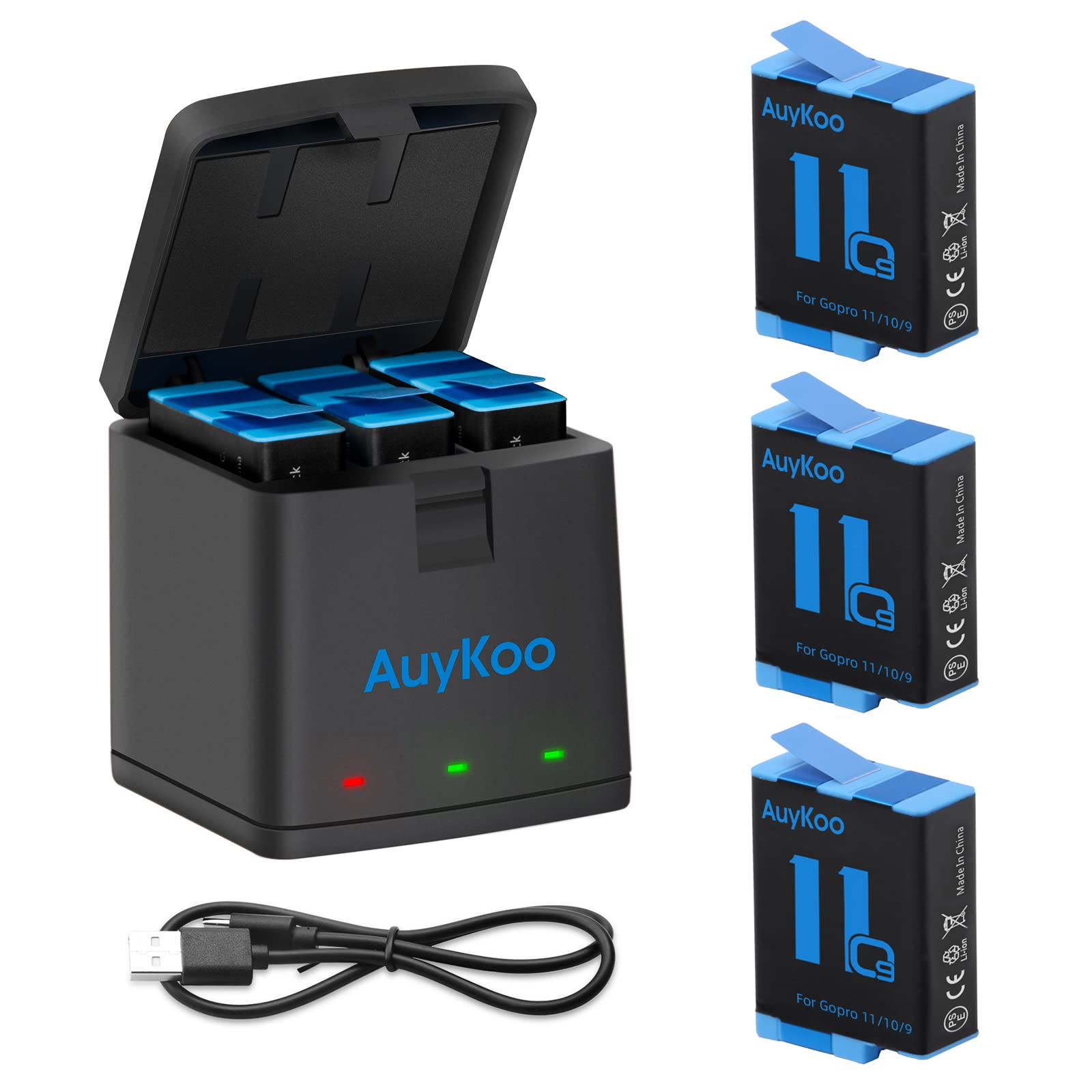 AuyKoo Akku Ladegerät für GoPro Hero 9 Black Hero 10 Black Hero 11 Black, Ersatzakku 3 Stück + 3-Kanal Ladegerät USB + Type C Kabel für GoPro Hero 9 10 11 Schwarz Kamera Camcorder