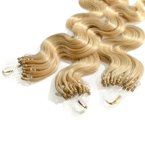 hair2heart 150 x 1g Echthaar Microring Loop Extensions, 50cm - gewellt - #20 aschblond