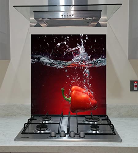 Splash Back, Panel Kuchenny, gehärtetes Glas, roter Pfeffer, der ins Wasser fällt, Va Art Glas (Breite 90 x Höhe 60 cm)