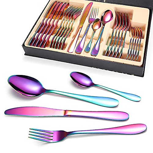 Emsmil 24 Stück Besteck Set 6 Personen Bunt Edelstahl Besteckset für Haus Küche Restaurant Tafelbesteck Spülmaschinenfest Inklusive Messer Kuchengabel Löffel Teelöffel Spiegelpoliertes Design