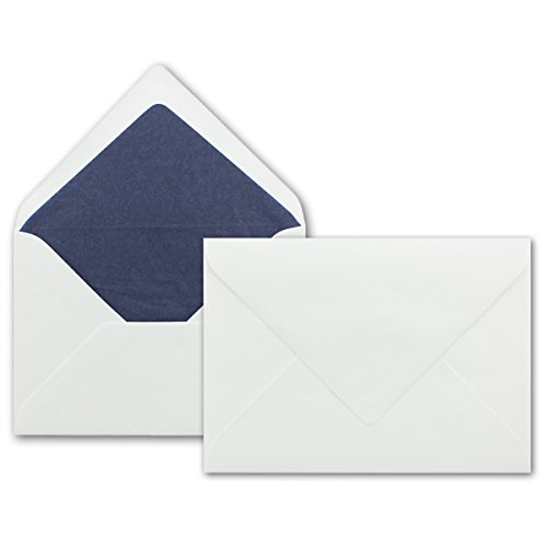 250 x Briefumschläge in weiss mit dunkel-blauem Seidenfutter, DIN B6 12,5 x 17,6 cm, Nassklebung ohne Fenster - Ideal für Hochzeits-Einladungen Grußkarten Weihnachtskarten