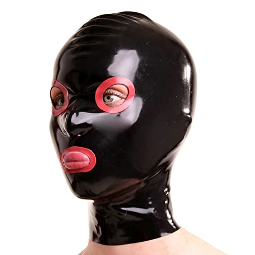 ERNZI Halloween Latex Maske Rote Offene Augen Und Mund Erotische Latex Kopfbedeckung Gruselige Maske Mit Reißverschluss,Schwarz,XS