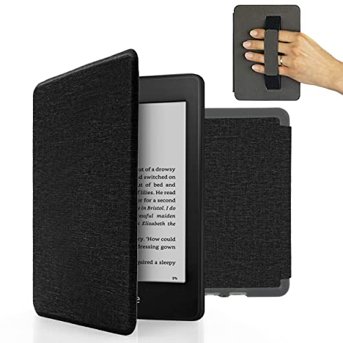 MyGadget Nylon Hülle für Amazon Kindle Paperwhite 2018 10. Generation - Handschlaufe & Schlaf Funktion magnetische Flip Case - Dunkelgrau