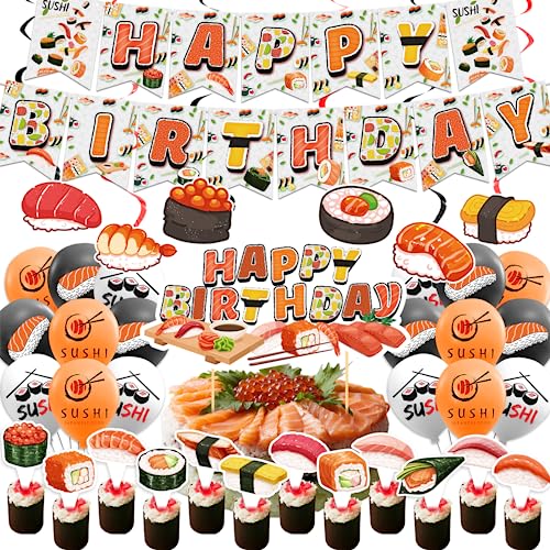 Sushi Party Dekorationen Japanische Geburtstagsparty Dekoration beinhaltet Sushi Happy Birthday Banner Kuchen Topper Cupcake Toppers Luftballons für Sushi Themen Party