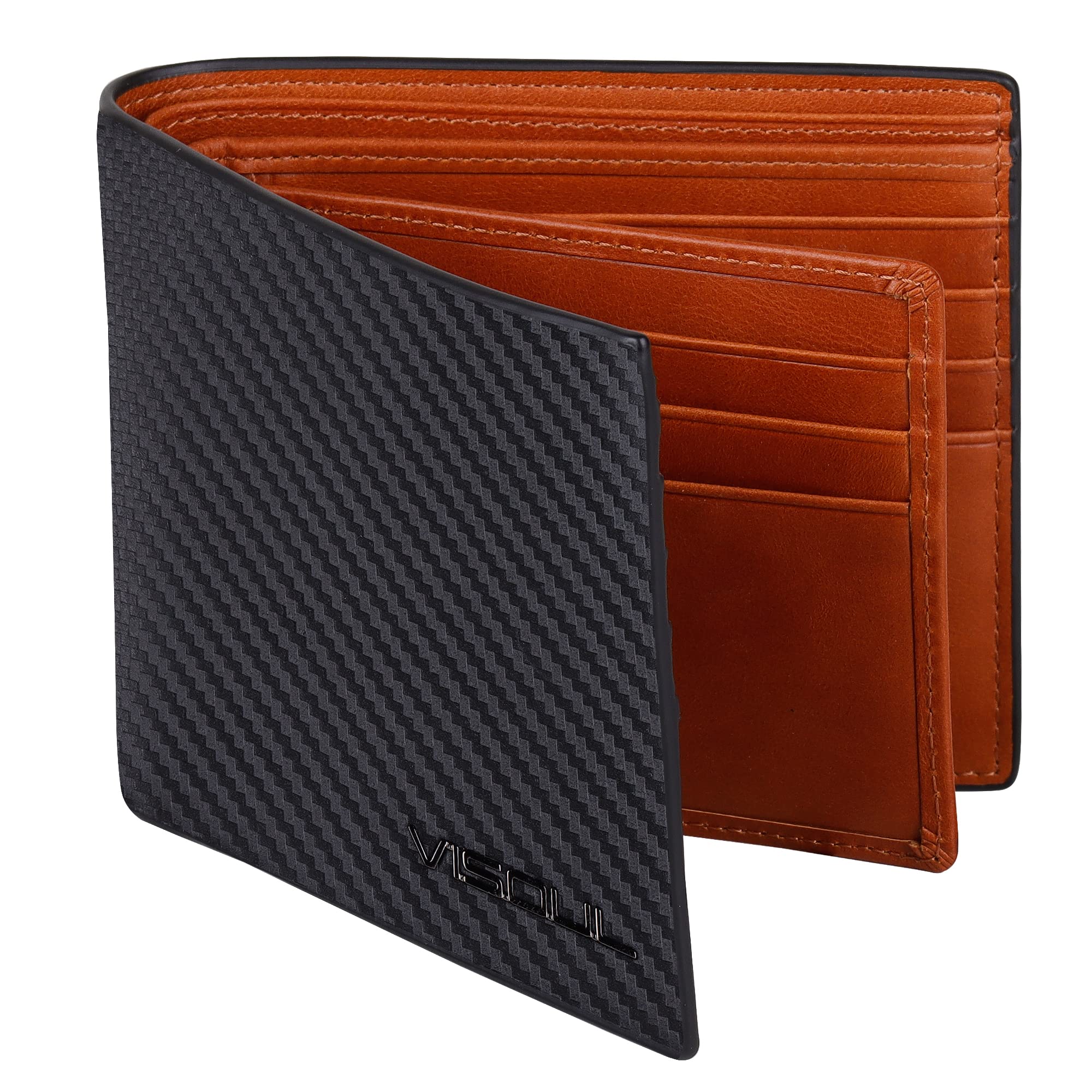 VISOUL Herren-Geldbörse aus echtem Leder, RFID-Blockierung, klassische dünne Geldbörse aus echtem Leder mit Geldscheinfach, Kartenschlitzen und Ausweisfenster, Carbon + 10 Braun