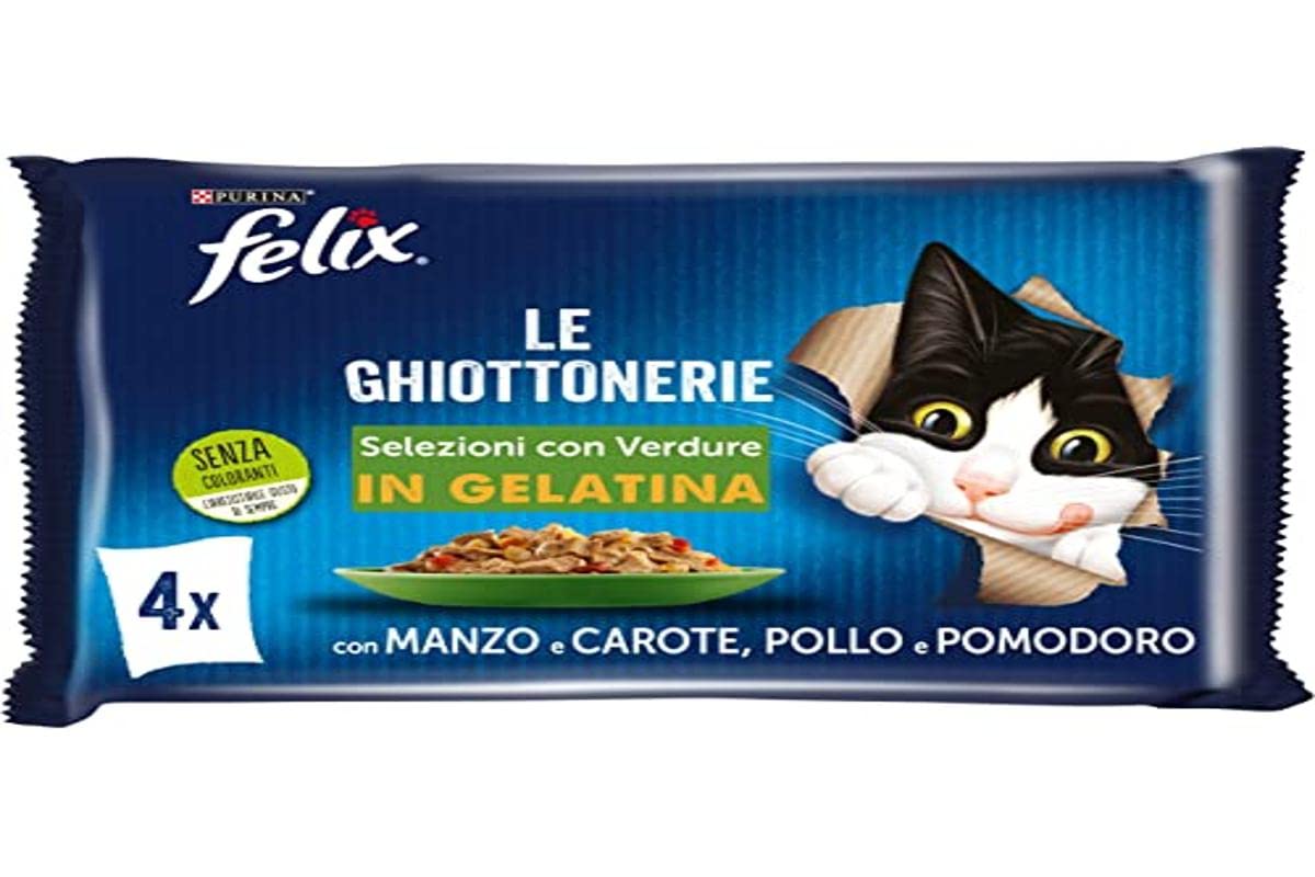 Purina Felix Le Ghiottonerie Feuchtigkeit für Katzen mit Rind und Karotten und mit Huhn und Tomaten, 48 Beutel à 85 g