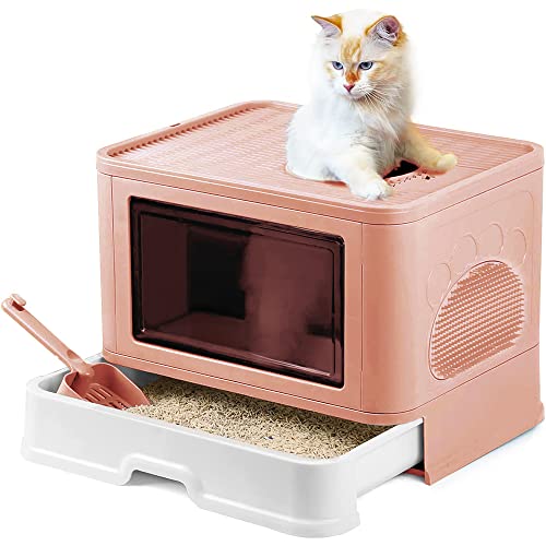 Katzenklo, Katzentoilette mit Deckel, Katzenklo inklusive Schaufel, ausziehbares Tablett, 2 Öffnungen, auslaufsicherer Boden. (Rosa)