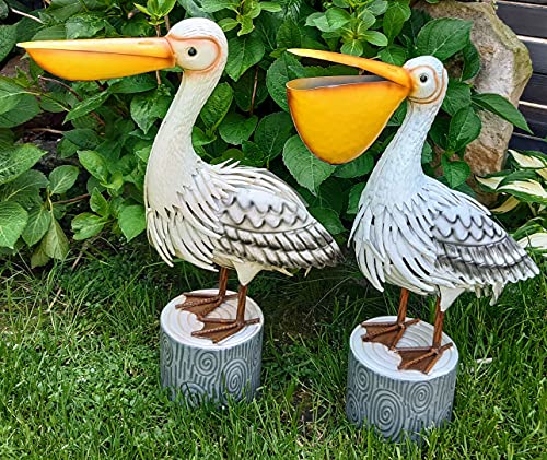 Pelikan 2er Set Gartenfigur Metall Figur Bunt Tier Vogel Deko Teichfigur Gartendeko Garten Höhe 50cm