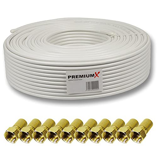 PremiumX Deluxe PRO Koaxial Kabel 135dB 5-Fach geschirmt, reines Kupfer 50 Meter SAT Antennenkabel 50m 135dB Neu + 10 F-Stecker 8,0mm in Farbe 'Gold'