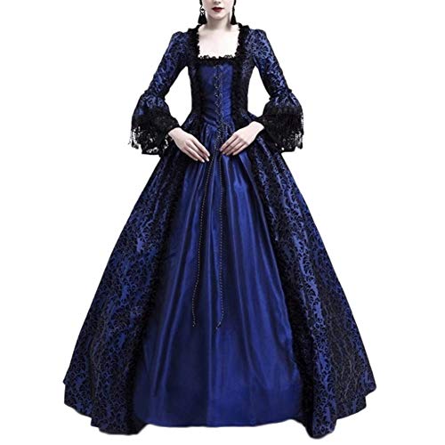 Damen Langarm Renaissance Mittelalter Kleid Viktorianischen Königin Kostüm Maxikleid Marine 3XL