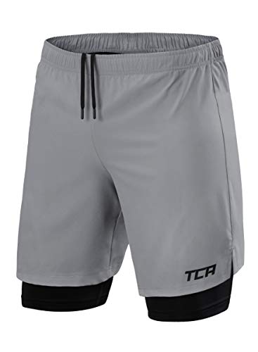 TCA Herren Ultra 2 in 1 Gymshorts, Laufhose mit Reißverschlusstasche - Hellgrau (Reißverschlusstasche), L