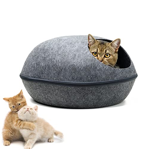 Filz-Katzenhöhle Abnehmbares Katzennest mit weichem Kissen, Katzenzelt mit Reißverschluss, eierschalenförmige Kuschelhöhle für Katzen und Hunde