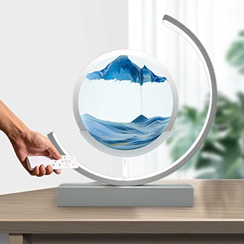 LZH FILTER 3D-Tiefsee-Sandlandschaftskunst, Bewegliches Sandbild rund Glas, 3 Helligkeitsstufen, Fließender Sandrahmen, Entspannender Desktop-Home-Office-Arbeitsdekor, Fernbedienungsschalter