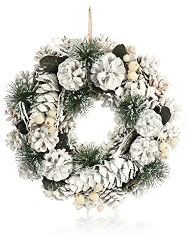 com-four® Türkranz für Weihnachten - weißer Adventskranz mit Zapfen und Zweigen - Dekokranz - Weihnachtsdeko - Tischkranz - Weihnachtskranz