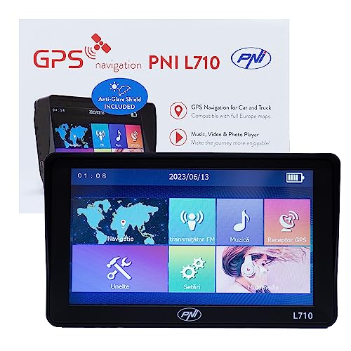PNI L710 GPS Navigationssystem mit Sonnenschutz, 7 Zoll, 800 MHz, 256 MB DDR, 16 GB interner Speicher, FM-Transmitter, mit Zwei Auto-Netzteilen im Lieferumfang enthalten