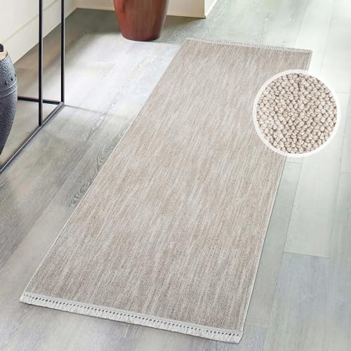 carpet city Kurzflor Teppich Flur Beige - 80x300 cm Läufer - Einfarbig, Meliert - Fransen-Teppiche Modern, Boho für Schlafzimmer, Wohnzimmer