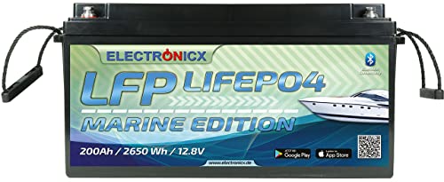 Electronicx LiFePO4 Marine Edition Batterie 200Ah 12,8V Versorgungsbatterie 2560 Wh mit Bluetooth-Funktion Lithium-Eisenphosphat Akku inklusive App BMS