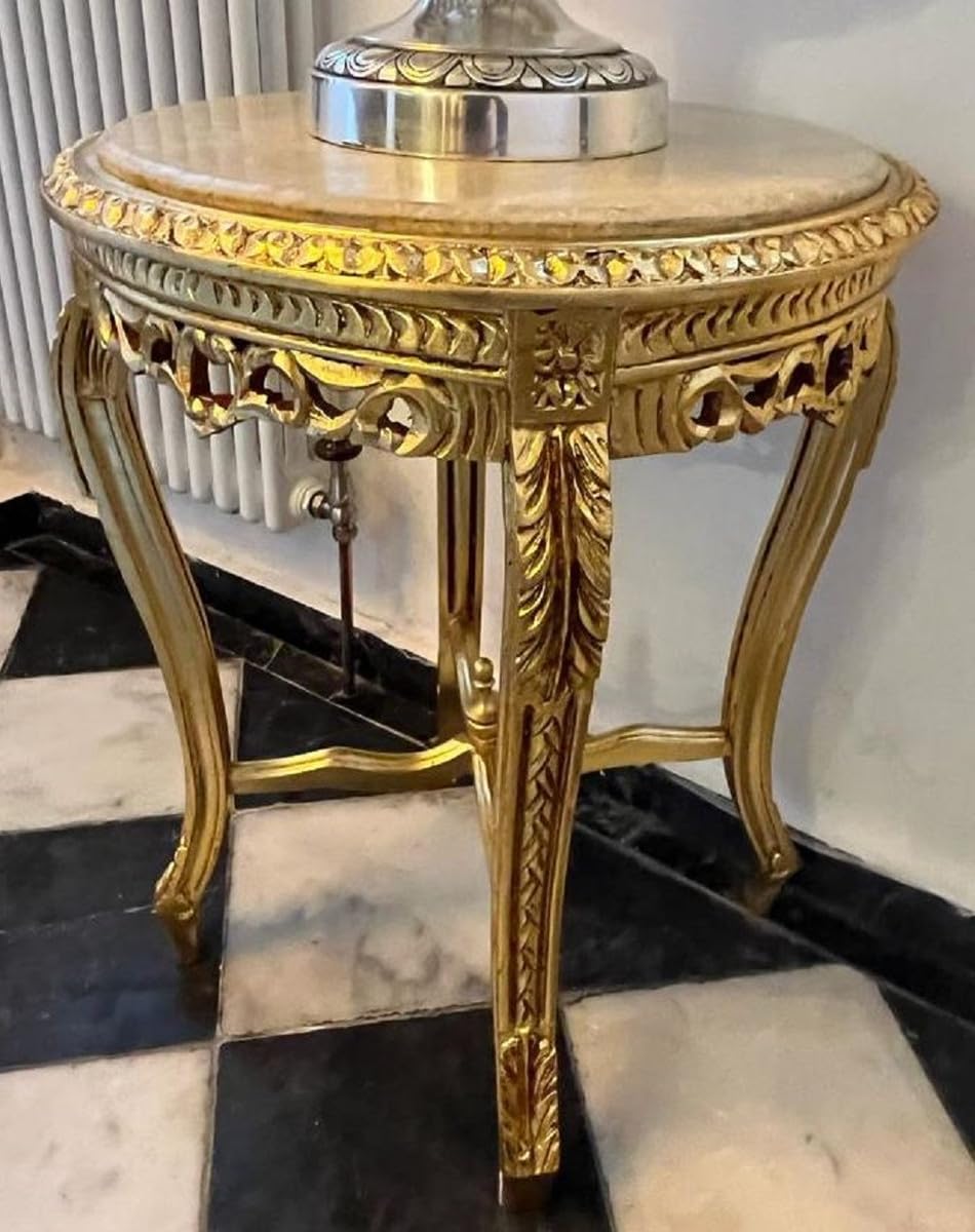 Casa Padrino Barock Beistelltisch Gold/Grau - Runder Antik Stil Tisch mit Marmorplatte - Barockstil Wohnzimmer Möbel im Barockstil - Barock Möbel
