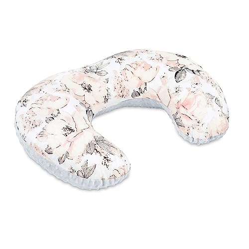 Totsy Baby Stillkissen klein Minky 130 x 45 cm - Stillhörnchen kleines Still Kissen Nursing Breastfeeding Pillow für unterwegs Wilde Rose Grau