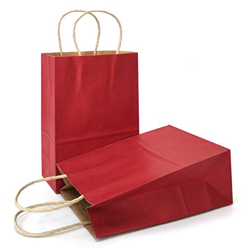 AZOWA Geschenktüten aus Mittel-Kraftpapier mit Henkel, Party Geschenk Papiertüten (Dunkelrot, 25 Stück, 21 x 11 x 27 cm)