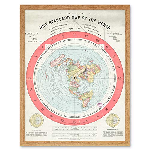 Map Gleason 1892 World Time Calculator Flat Earth Art Print Framed Poster Wall Decor 12x16 inch Karte Welt Wand Deko