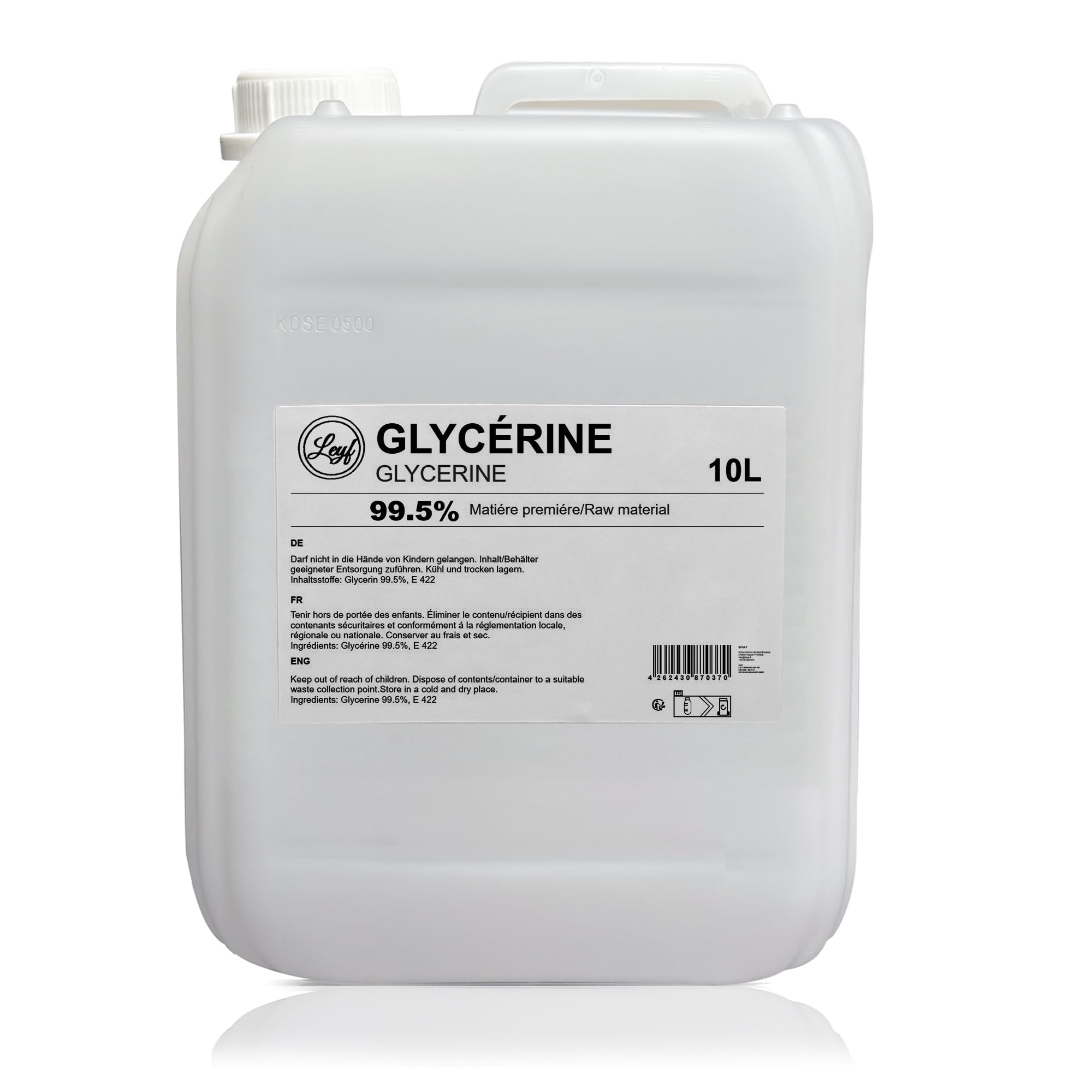 Leyf 10L Glycerin E422, Perfekt für DIY, Pharmaqualität 99,5% Reinheit, Lebensmittelqualität, Raw Material VG, Rein, Vegan, Ph. Eur/USP, 10000 ml