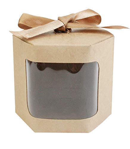 Emartbuy Starkes Papier Aufstehen Hexagon-Geschenk-Tasche, 10 cm x 10 cm x 12 cm, Braune Kraft Tasche Kuchen-Plätzchen-Muffin-Torten-Kasten mit Klarem Fenster und Band - Packung mit 24 Stück