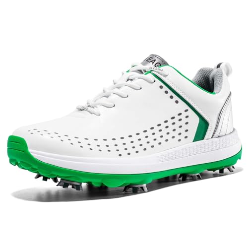 NGARY Herren Golfschuhe mit Spikes Wasserabweisende Golfsport Training rutschfeste Außensohle leichte Golf Schuhe,White a,45 EU