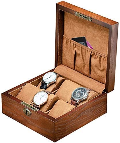 CAZARU Große Uhrenbox für Herren – 6 Uhrenfächer, Schmuck-Organizer, Holz, Armbanduhren, Vitrine, Aufbewahrung mit weichen Kissen, abschließbares Metallschloss