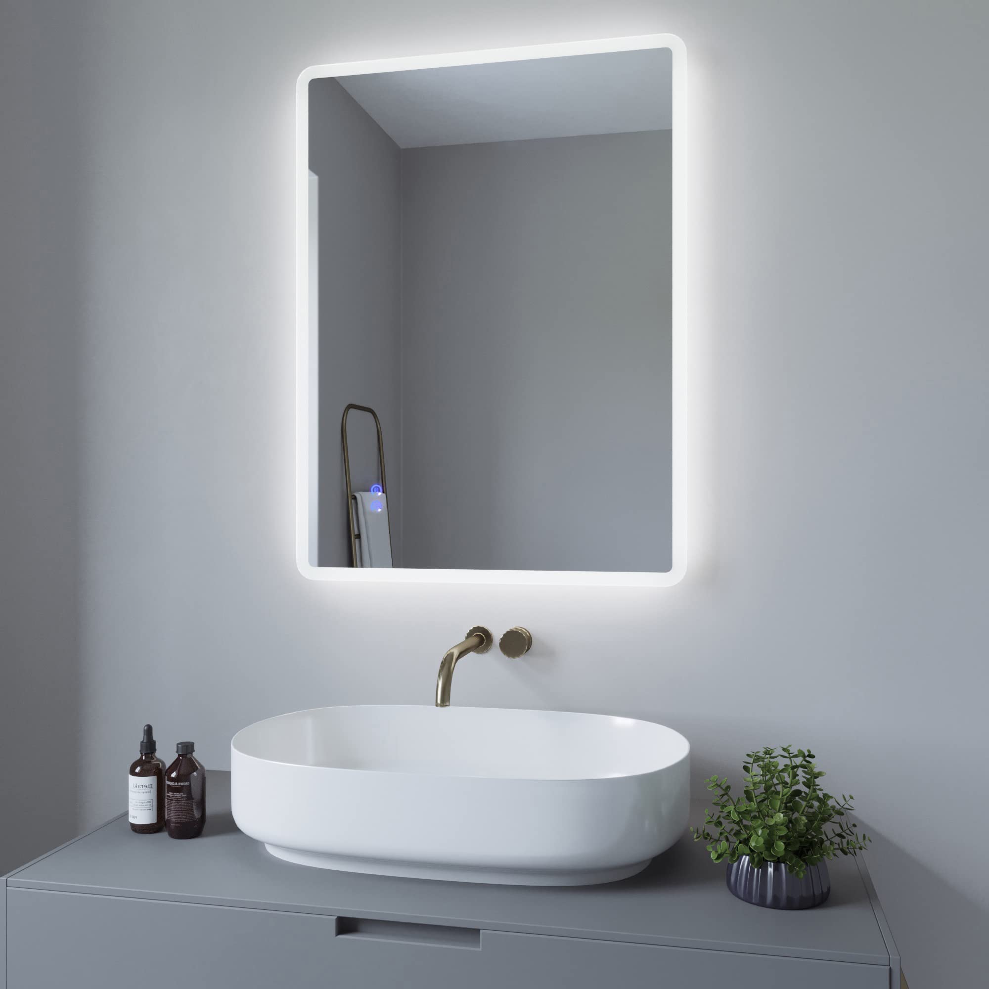 AQUABATOS 80x60cm Badspiegel mit Beleuchtung badezimmerspiegel LED Lichtspiegel Wandspiegel, Touch-Schalter Dimmbar, Kaltweiß 6400K, Spiegelheizung, Anti-beschlag, IP44, CE
