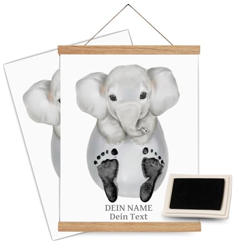 SMALL PAW Personalisiertes Fußabdruck Baby Set - Baby Abdruckset - Baby Fussabruck Tiere Set inkl. Posterschiene aus Eiche und Stempelkissen - Baby Erinnerung (Ebo Elephant)